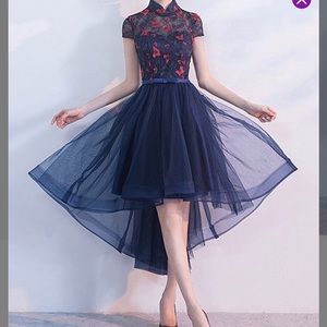 Navy floral tulle high low dress